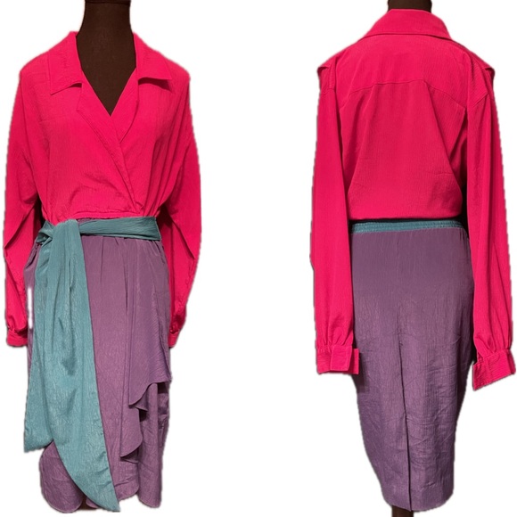Leslie Fay Dresses & Skirts - Vintage 80s Leslie Fay Petite Hot Pink Teal Purple Color Block Retro Wrap Dress